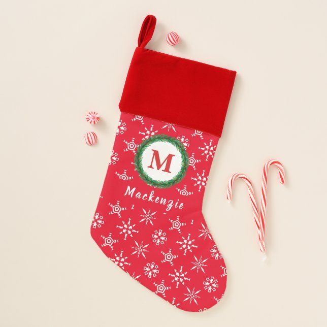 Monogram Wreath Your Name Red & White Christmas Stocking (Front)