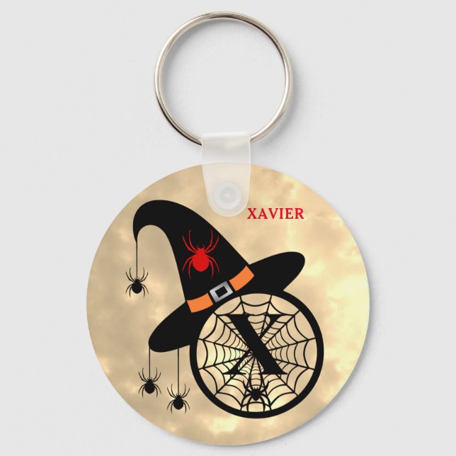 Monogram X Halloween Sky Witch Spiders Name Keychain (Front)