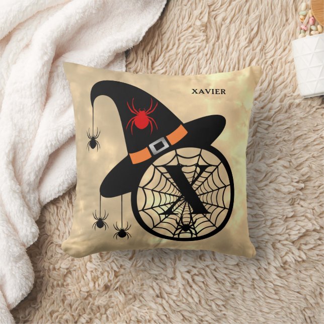 Monogram X Halloween Sky Witch Spiders Name Throw Pillow (Blanket)