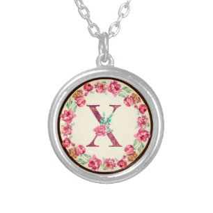 Monogram X Letter with Peony Flower Image Silver Plated Necklace