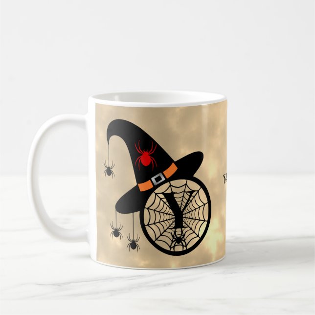 Monogram Y Halloween Sky Witch Spiders Name Coffee Mug (Left)