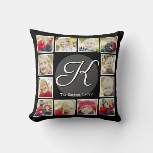 Monogram Year in Pictures 12 Photo Collage Black Throw Pillow