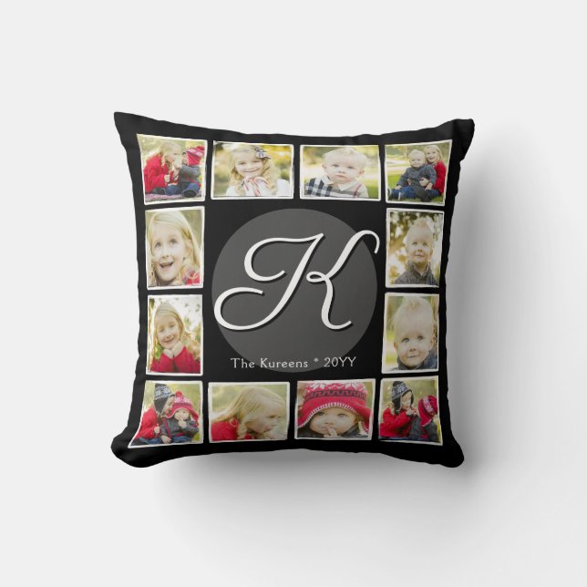 Monogram Year in Pictures 12 Photo Collage Black Throw Pillow (Front)