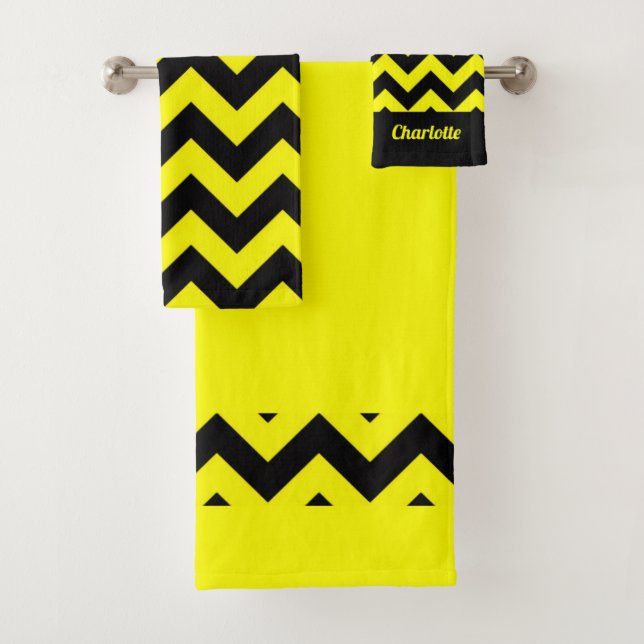 Monogram yellow and black chevron pattern bath towel set (Insitu)