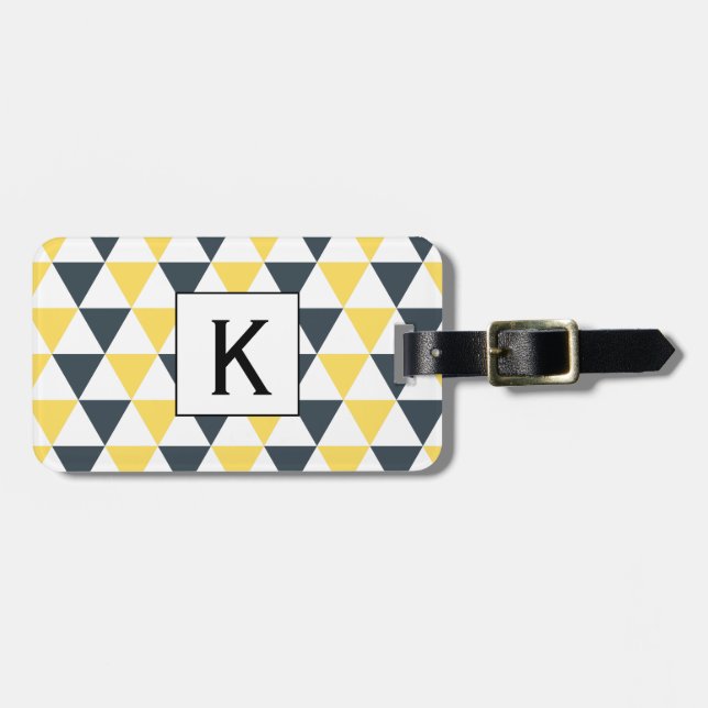 Monogram Yellow and Charcoal Triangles Pattern Luggage Tag (Front Horizontal)