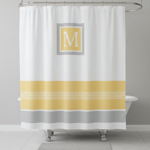 Monogram Yellow and Gray Striped Border Shower Curtain
