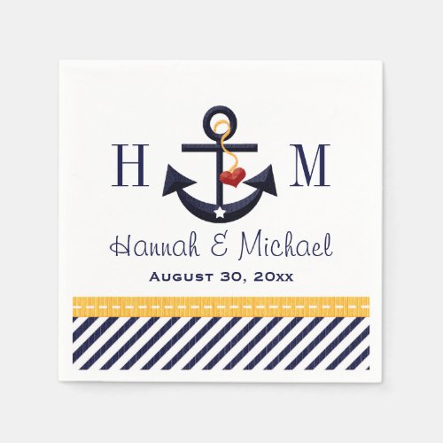 Monogram Yellow and Navy Anchor Nautical Wedding Paper Napkins