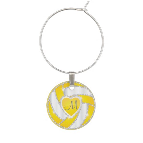 Monogram Yellow and White Diamond Volleyball Wine Glass Charm
