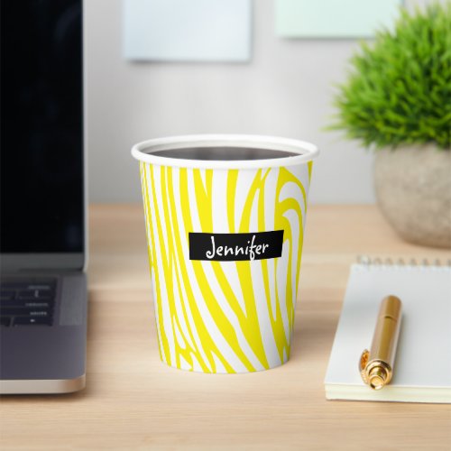 Monogram Yellow and White Striped Zebra Pattern  Paper Cups