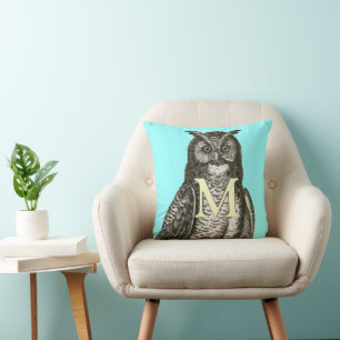 Monogram Yellow Aqua Gray Vintage Owl Illustration Throw Pillow