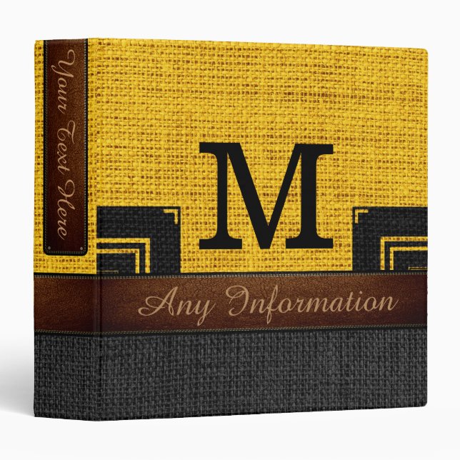 Monogram Yellow & Black Burlap Rustic Jute Binder (Front/Spine)