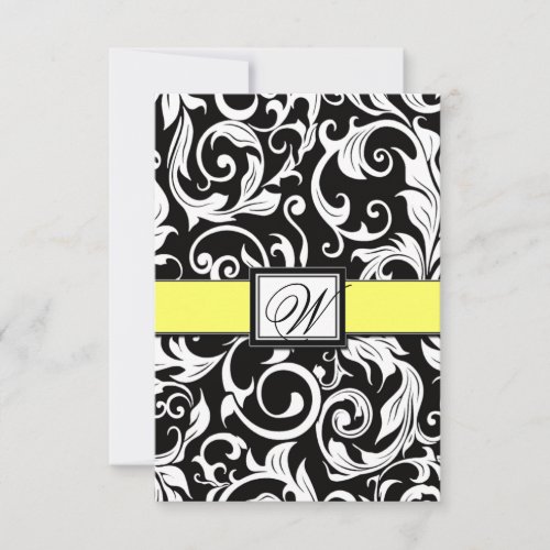 Monogram Yellow &amp; Black Damask Wedding RSVP Cards