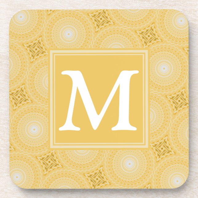 Monogram yellow circles pattern beverage coaster (Front)