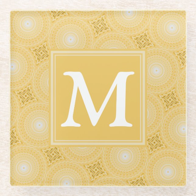 Monogram yellow circles pattern glass coaster (Front)