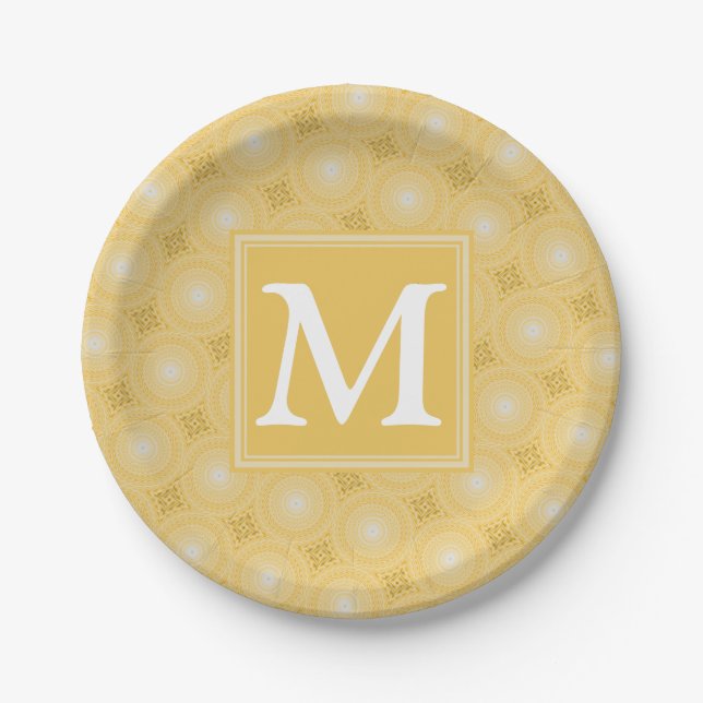 Monogram yellow circles pattern paper plates (Front)