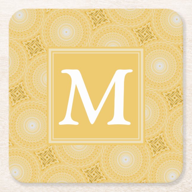 Monogram yellow circles pattern square paper coaster (Front)