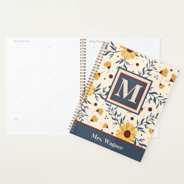 Monogram Yellow Daisy Floral Teacher Initial Planner (Display)