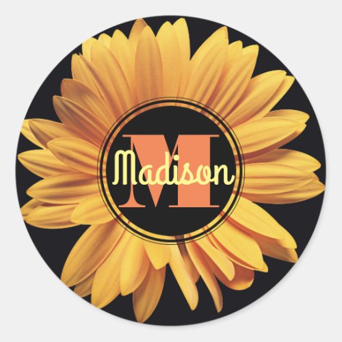 Monogram Yellow Daisy Gerbera Aster Elegant Flower Classic Round Sticker