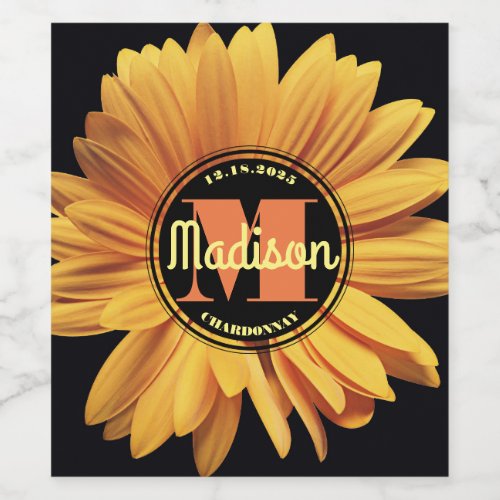 Monogram Yellow Daisy Gerbera Aster Elegant Flower Wine Label