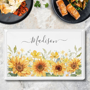 Monogram Yellow Flower Sunflower Floral Botanical Acrylic Tray