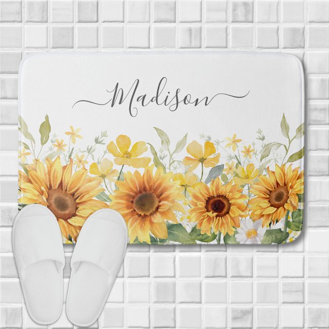 Monogram Yellow Flower Sunflower Floral Botanical Bath Mat (In situ)