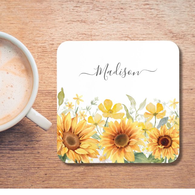 Monogram Yellow Flower Sunflower Floral Botanical Beverage Coaster (In situ)