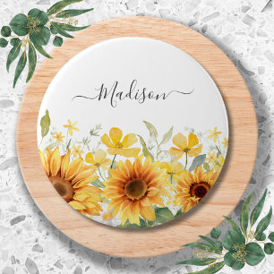 Monogram Yellow Flower Sunflower Floral Botanical Button