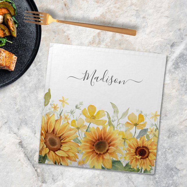 Monogram Yellow Flower Sunflower Floral Botanical Cloth Napkin (In situ)