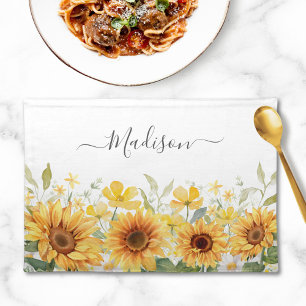 Monogram Yellow Flower Sunflower Floral Botanical Cloth Placemat