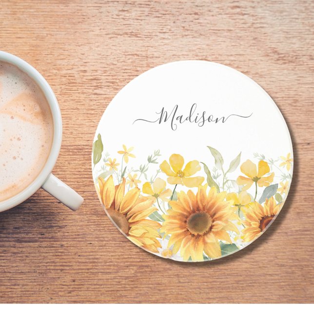 Monogram Yellow Flower Sunflower Floral Botanical Coaster (In situ)