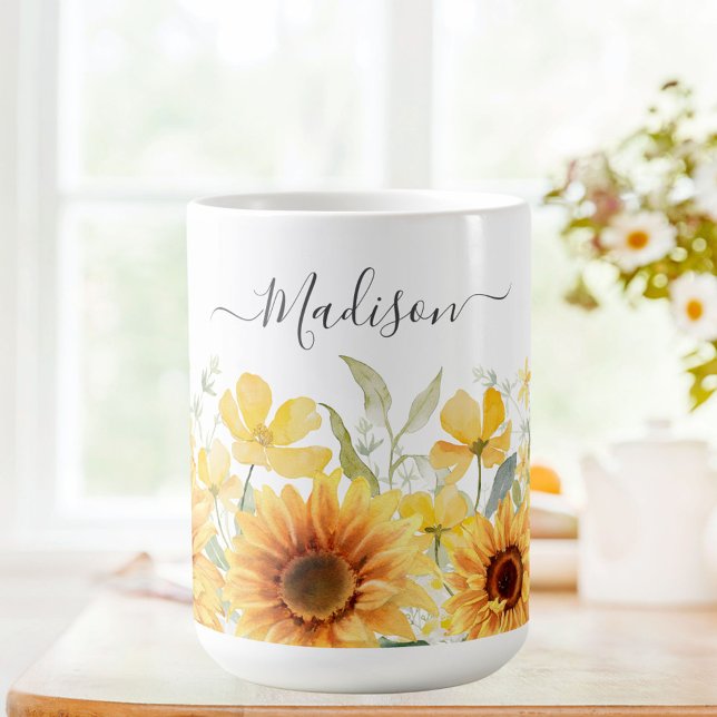 Monogram Yellow Flower Sunflower Floral Botanical Coffee Mug (In situ)