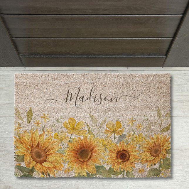 Monogram Yellow Flower Sunflower Floral Botanical Fiber Doormat (In situ)
