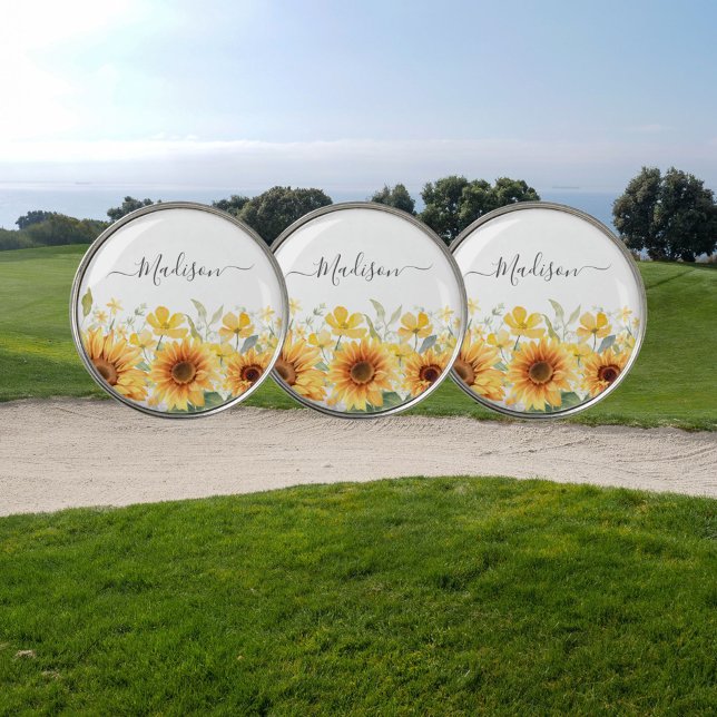 Monogram Yellow Flower Sunflower Floral Botanical Golf Ball Marker (In situ)