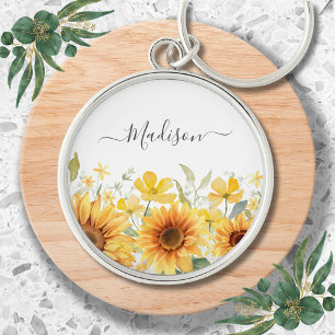 Monogram Yellow Flower Sunflower Floral Botanical Keychain