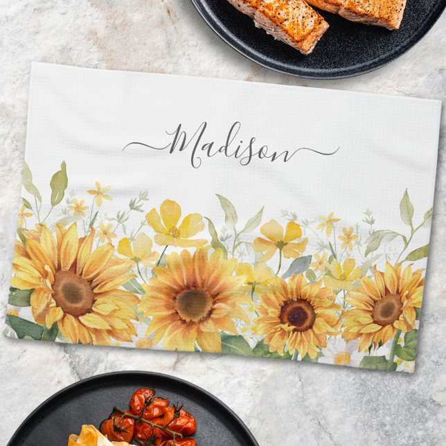 Monogram Yellow Flower Sunflower Floral Botanical Kitchen Towel (In situ)