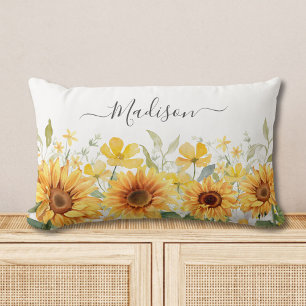 Monogram Yellow Flower Sunflower Floral Botanical Lumbar Pillow