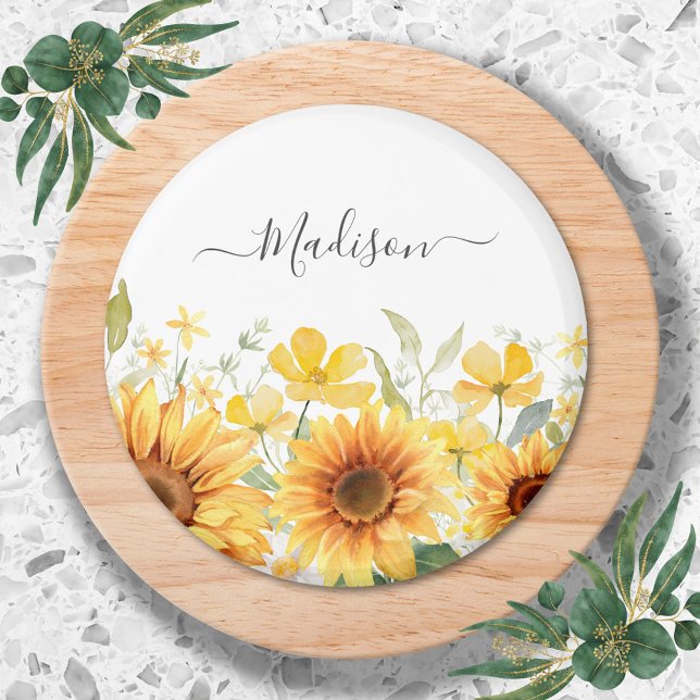 Monogram Yellow Flower Sunflower Floral Botanical Magnet (Close up)