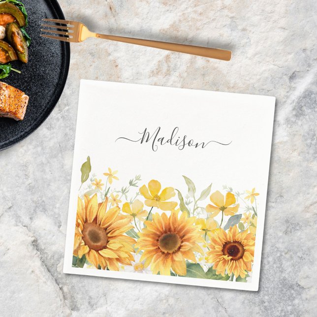 Monogram Yellow Flower Sunflower Floral Botanical Napkins (In situ)