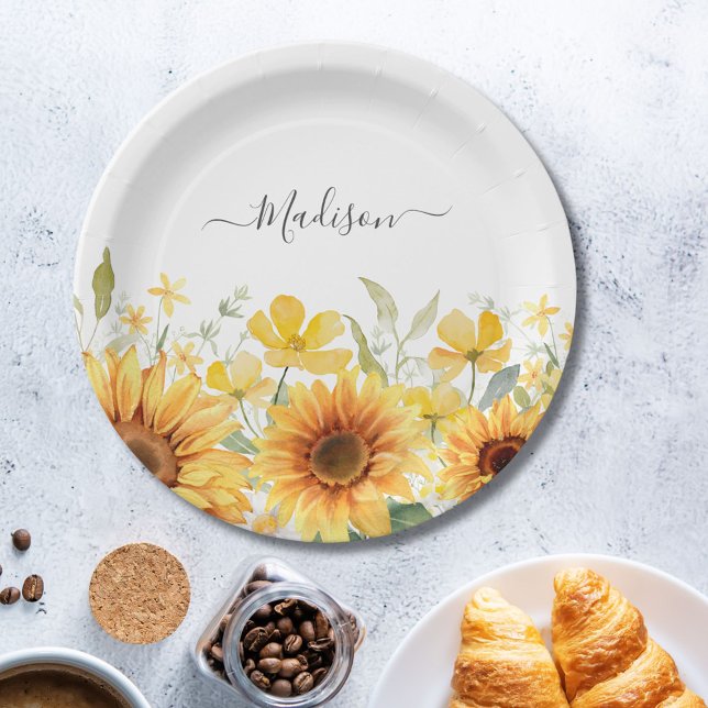 Monogram Yellow Flower Sunflower Floral Botanical Paper Plates (In situ)