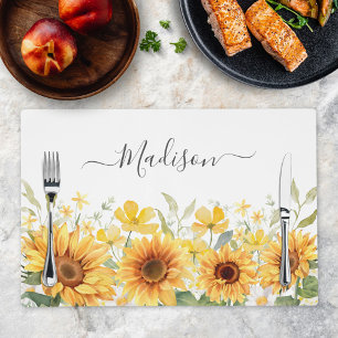 Monogram Yellow Flower Sunflower Floral Botanical Placemat