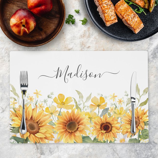 Monogram Yellow Flower Sunflower Floral Botanical Placemat (In situ)