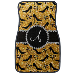 Monogram yellow glitter black high heels bow car mat