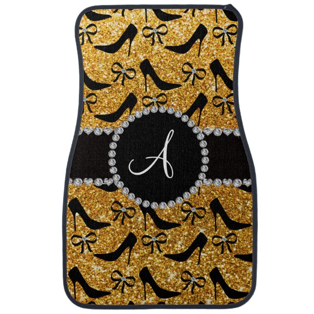 Monogram yellow glitter black high heels bow car mat (Front)