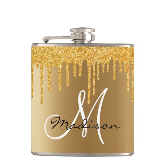 Monogram Yellow Gold Glitter Drips Girly Flask | Zazzle.com