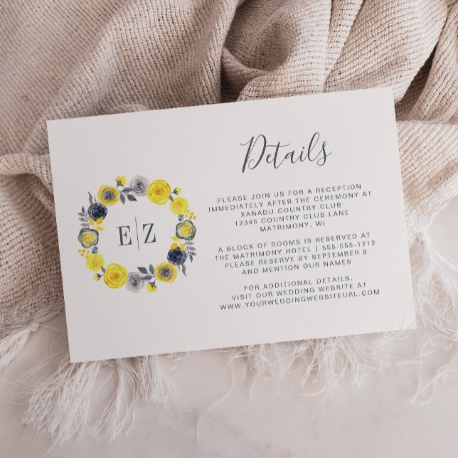 Monogram Yellow Gray Floral Wreath Wedding Details Enclosure Card (Creator Uploaded)