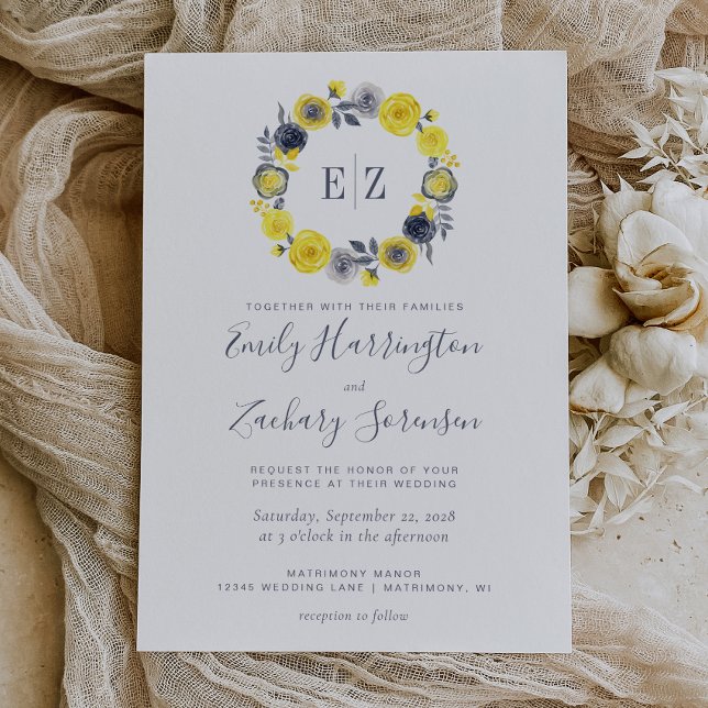 Monogram Yellow Gray Floral Wreath Wedding Invitation (Creator Uploaded)