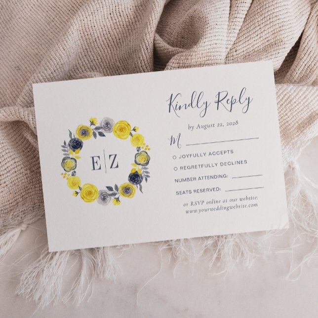 Monogram Yellow Gray Floral Wreath Wedding RSVP Card (Creator Uploaded)