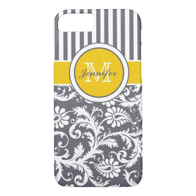 Monogram Yellow Gray White Striped Damask Case-Mate iPhone Case (Back)