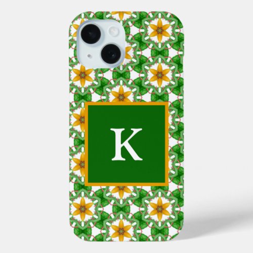 Monogram Yellow Green Abstract Geometric Floral  iPhone 15 Case