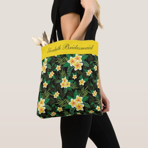Monogram Yellow Green Floral Botanical Bridesmaid Tote Bag